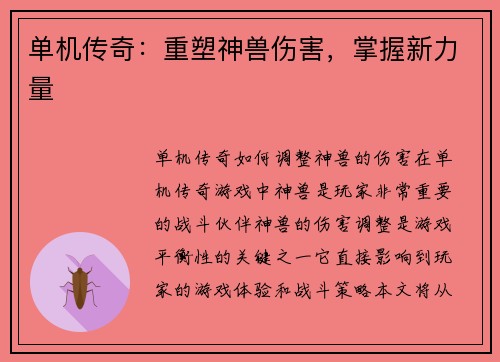 单机传奇：重塑神兽伤害，掌握新力量